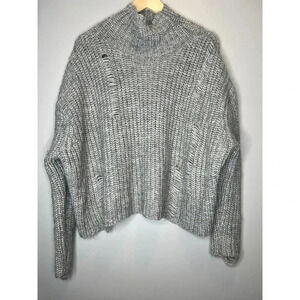 Zara Knit Size Small Womens Mock Neck Cropped Pullover Sweater Gray Tattered NEW